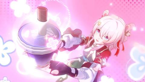 March 7th in her Imaginary form holds up a huge boba tea in Honkai: Star Rail