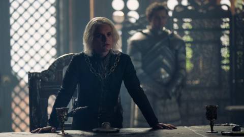 King Aegon stands indignantly over the small council table in House of the Dragon season 2