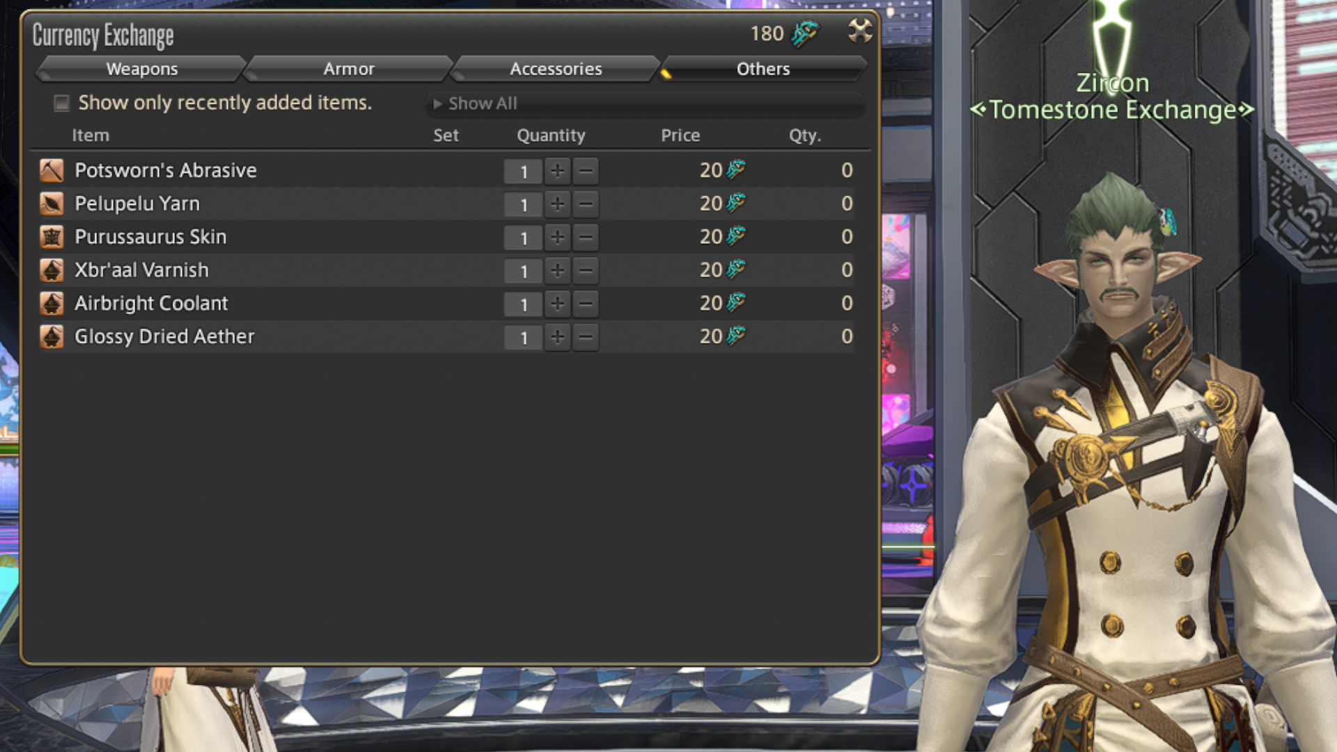 Zircon, a vendor in Final Fantasy 14, offers the player a wide selection of items to help them craft Archeo Kingdom items.