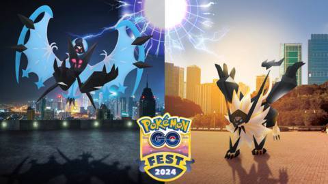 A promotional image featuring Necrozma’s Dusk Mane and Dawn Wings forms for Pokémon Go Fest 2024.