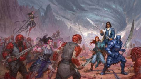 Heroes from the Stormlight Archives Role Playing Game stand facing red-and-gray scaled enemies while a storm rages at their backs.