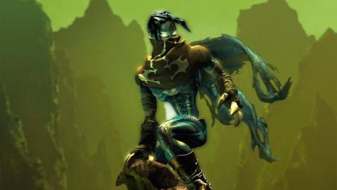Raziel stands on the peak of a rocky crag in promotional artwork from Legacy of Kain: Soul Reaver