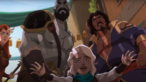 Pike, a tiny blonde gnome, tries to dissuade someone from attacking . Behind her is Grog, a grey-skinned Goliath. Keyleth, a redhaired druid, stands to the left, with Gilmore, a fabulous wizard in purple robes, on the right.