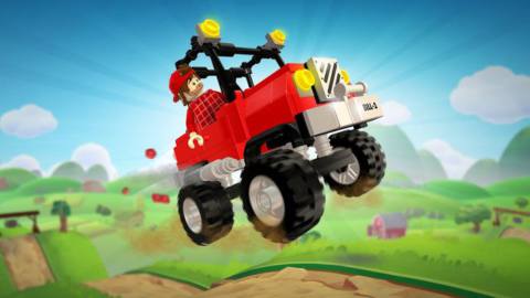 Lego Hill Climb Adventure screenshot: A Lego minifig drives a red car