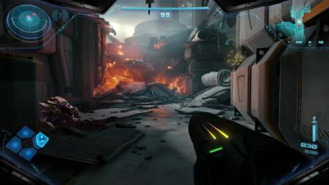 A first-person view from Samus Aran’s perspective in the 2024 Metroid Prime 4 trailer, in which Samus walks down a dark corridor towards a fiery wreck