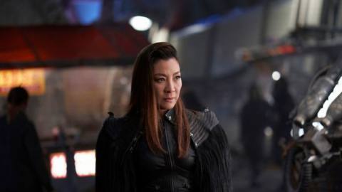Michelle Yeoh as mirror Captain Philippa Georgiou in Star Trek: Discovery wearing her Section 31 black outfit