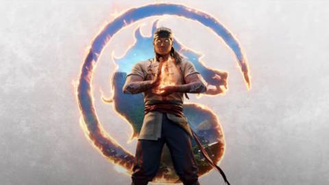 Liu Kang poses in front of the Mortal Kombat 1 logo