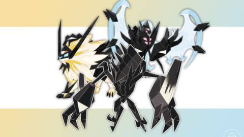 Necrozma and its different forms on a gold and blue gradient