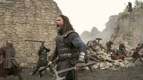 Sam Corlett as Leif Eriksson shouting in a still from Vikings Valhalla