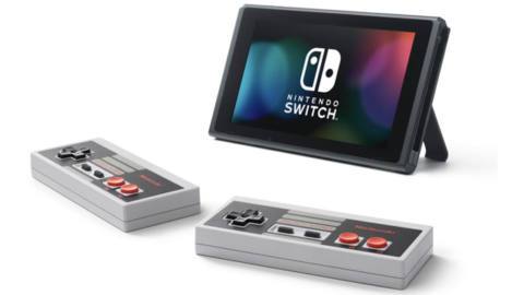 An official photo shows wireless NES controllers next to a Nintendo Switch