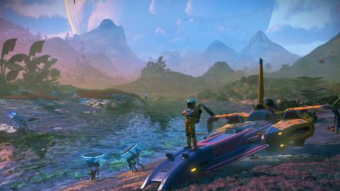 A pilot in No Man’s Sky, wearing a full body space suit, stands on their landed craft. In the background is a gorgeous world, with vibrant and lush scenery. In the sky, another large planet is visible.