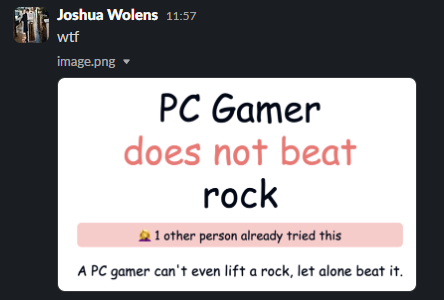 Screenshot from the PC Gamer Slack. Joshua Wolens comments 