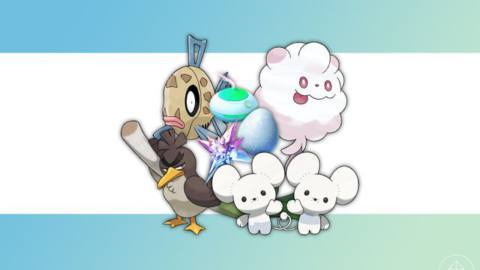 A composite image of Galarian Farfetch’d, Feebas, Swirlix, Tandemaus, a Star Piece, a Lucky Egg, and an Incense