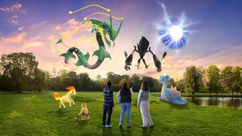 Promotional art for Pokémon Go season Shared Skies, featuring Mega Rayquaza and Necrozma