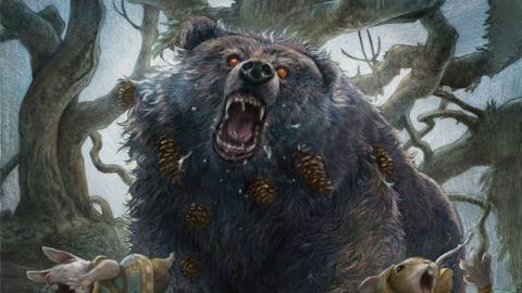 A close-up image of Lumra, showing how pinecones have become stuck in his fur. He’s frothing at the mouth.