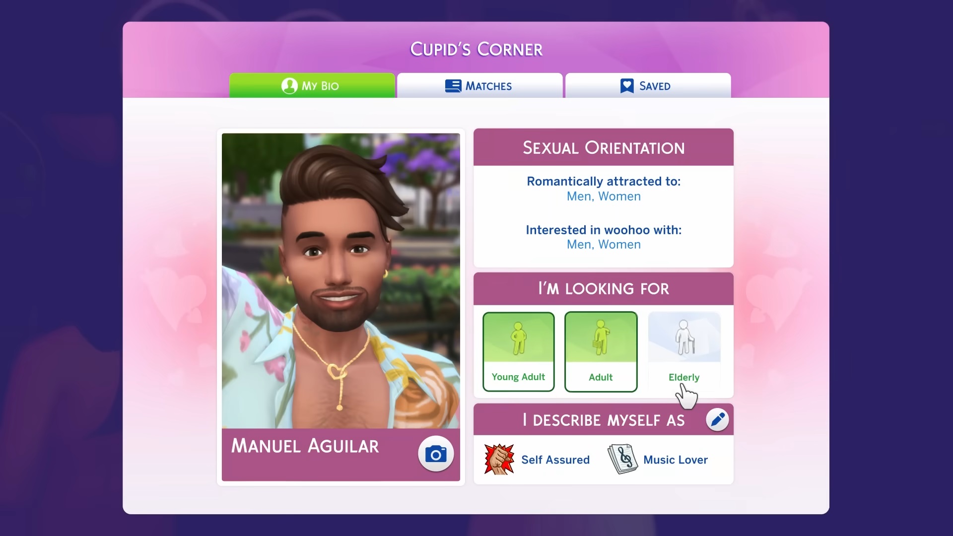 The Sims 4 lovestruck expansion - a Sim's Cupid's Corner dating app profile with a photo, sexual orientation, age ranges, and traits
