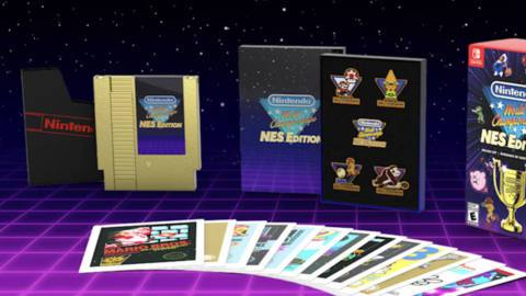 The full packaged contents of Nintendo World Championships: NES Edition —&nbsp;Deluxe Set, including a gold replica NES cartridge