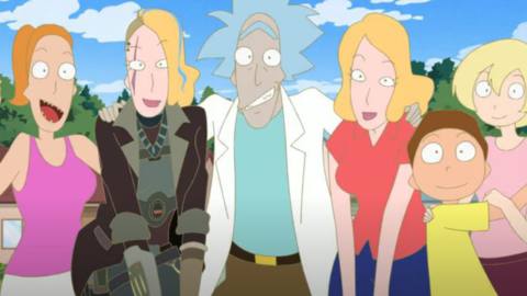 Six animated characters smiling and posing side by side for a photo in Rick and Morty: The Anime.