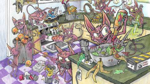 An original illustration shows creatures in a messy kitchen making spicy recipes using video game ingredients.