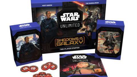 The contents of the Star Wars: Unlimited - Shadows of the Galaxy Two-Player Starter set laid out in a render. They include two deck boxes full of cards, some tokens for damage, and a guide book.