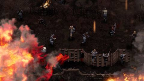 A soldier in a blue uniform charging across a field filled with craters and barbed wire alongside a troupe of other soldiers as a plume of smoke and fire erupts behind them in Conscript.