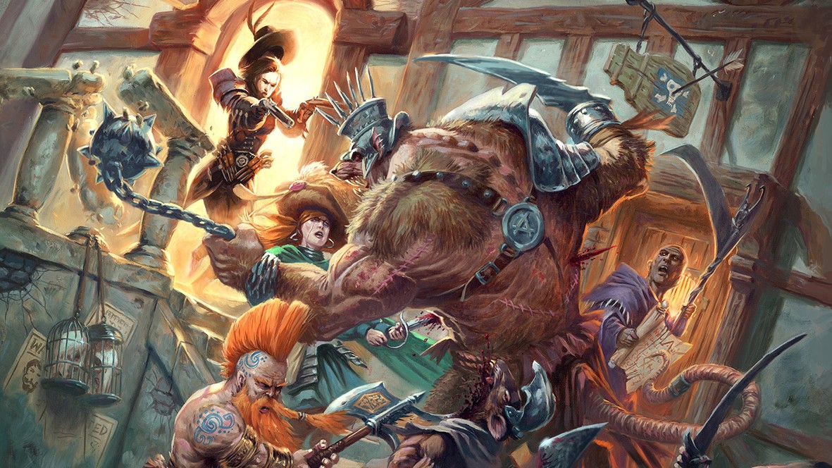 Adventurers battling a rat ogre in Warhammer Fantasy Roleplay 4e.
