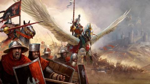 A Bretonnian army marching to war in Warhammer: The Old World.