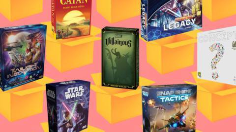 Image composition of several board games on sale for Prime Day 2024: Star Wars, Snap Ships Tactics, Catan, Pandemic Legacy, Disney Villainous, and Twilight Inscryption