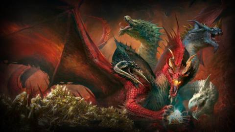 Artwork for Tyranny of Dragons, a D&amp;D adventure book, featuring a fearsome multi-headed dragon rearing its many heads