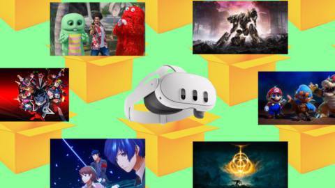 Composition of Prime Day gaming deals, including images of the Meta Quest 3 VR. headset and screenshots of Elden Ring, Persona series, Like a Dragon: Infinite Wealth, and Armored Core VI