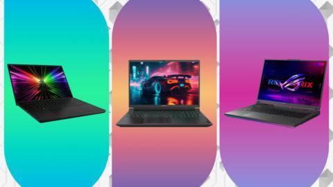 A graphic with three gaming laptops sitting in a row.