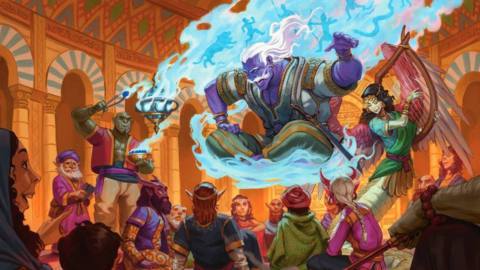 Key art from Dungeons &amp; Dragons Quests from the Infinite Staircase shows a big purple genielooking down at a crowd of elves, trolls, and other people.