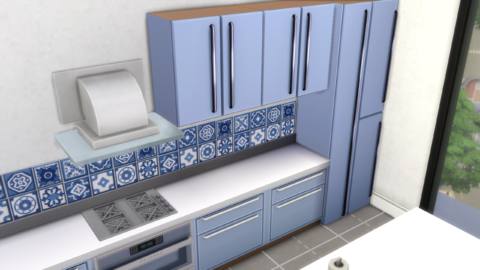 The Sims 4 - a kitchen with unmatched blue Harbinger counters and cabinets in it