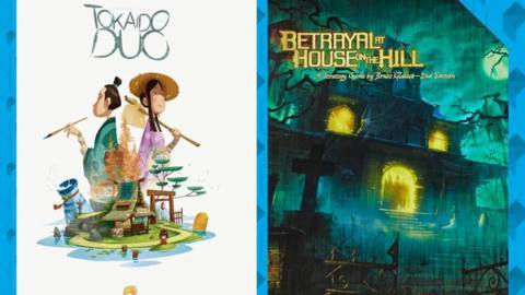 A split screen of the box for Tokaido Duo and Betrayal at House on the Hill is imposed on a blue background.