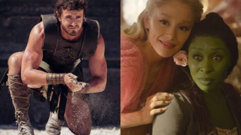 A split image showing Paul Mescal in Gladiator 2 on the left, wearing gladiator armor and rubbing his hands with sand, and Ariana Grande and Cynthia Erivo in Wicked on the Right, dressed as witches; Erivo has green skin