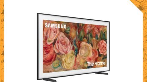 The Samsung Frame TV displays art of flowers.