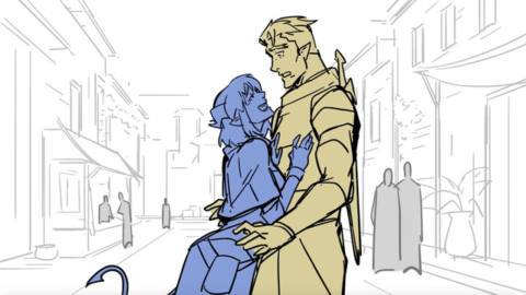 A blue tiefling woman throws herself at a tall half-orc