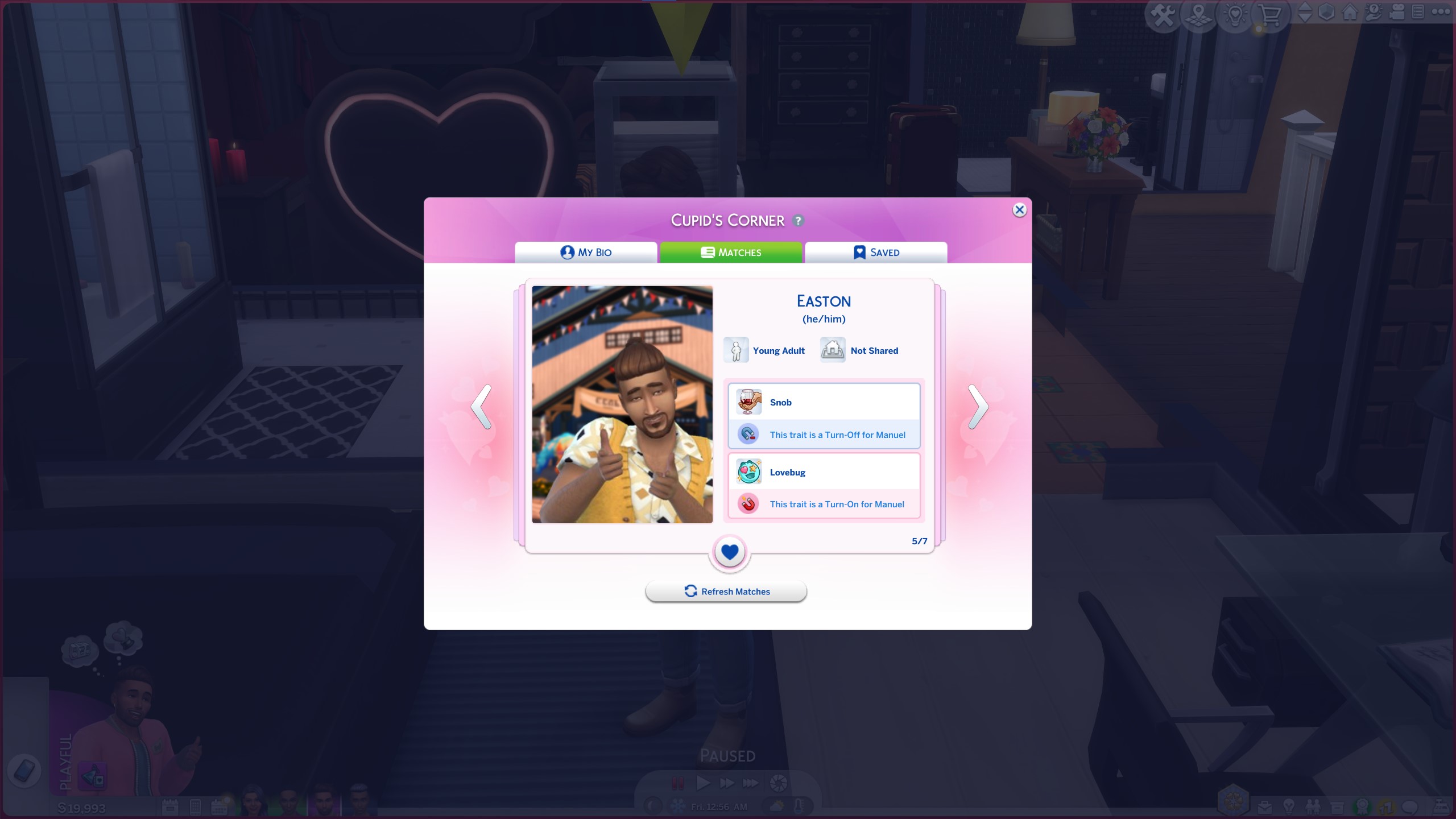 The Sims 4 Lovestruck - The Cupid's Corner screen shows a profile for a Sim who is a young adult with the traits Snob (turn-off for current Sim) and Lovebug (turn-on for current Sim)
