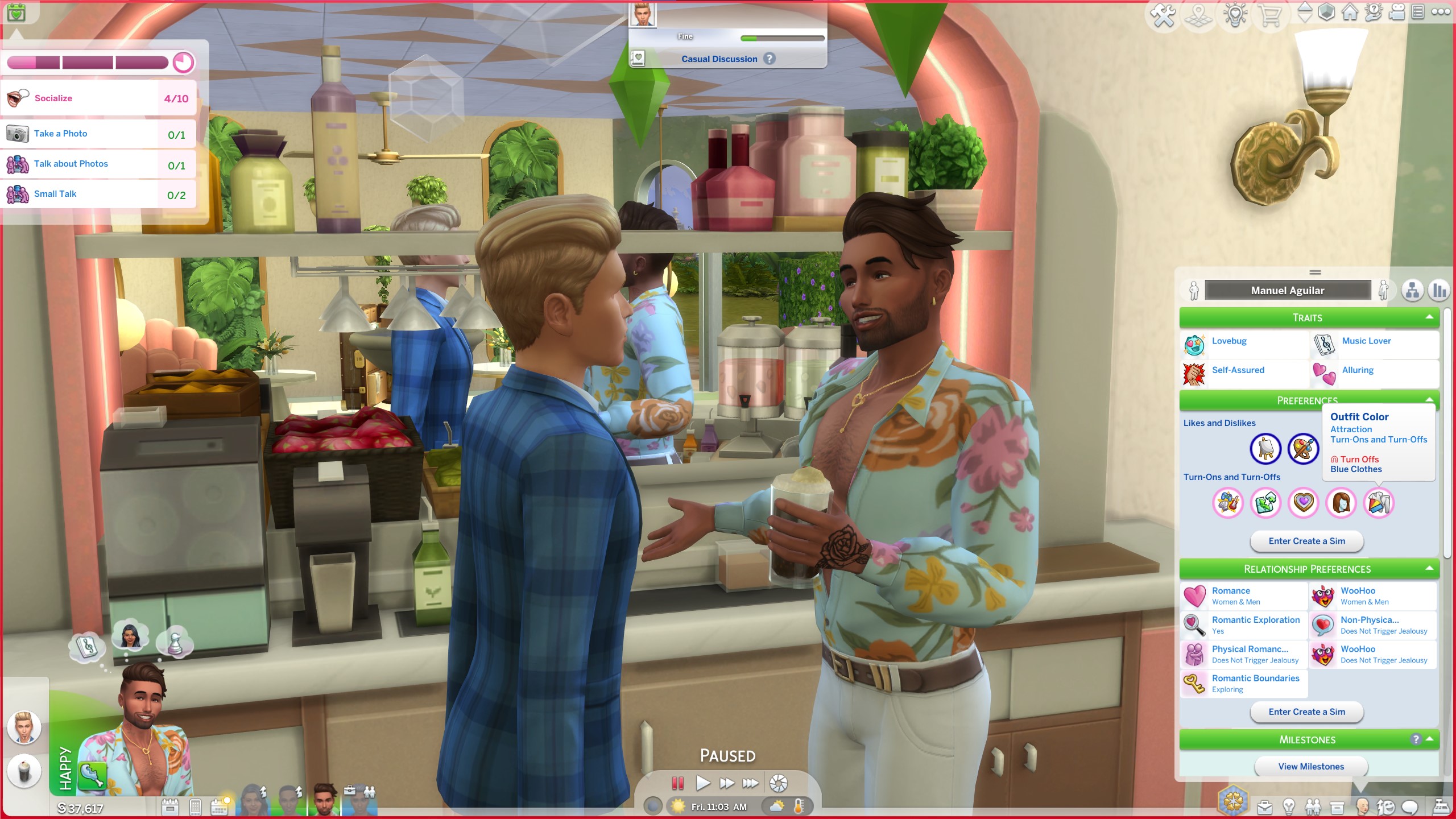 The Sims 4 Lovestruck - Manuel talks to Johnny Zest over drinks at a park and their date goals are to socialize, small talk, and take a photo.