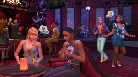 Two sims sitting at a table in bar in The Sims 4’s new Lovestruck expansion