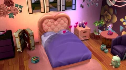 From The Sims 4 Lovestruck, the iconic heart bed is back, shown here.