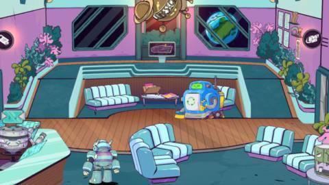 A screenshot of Janitorbot cleaning the ship in Times and Galaxy.