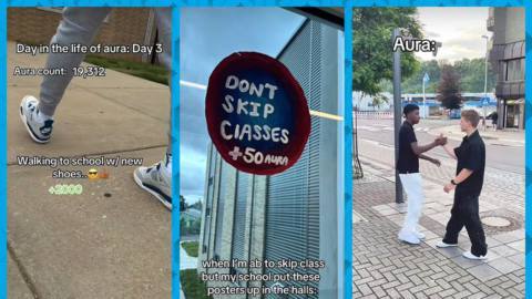 A graphic that arranges three images lined up in a row. Each is a screenshot from a video on TikTok. The one on the far left has a screenshot of a person walking to school in new shoes. Text on the image says: “Walking to school w/ new shoes... +2000.” The image in the middle shows a piece of art that says: “Don’t skip classes, +50 aura.” The image on the right shows two friends meeting and the text says: “aura.”