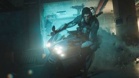 Arthur, a man wearing the Excalibur Protosuit, swings around to face the camera while riding a cool futuristic motorcycle in promotional material for Warframe 99.