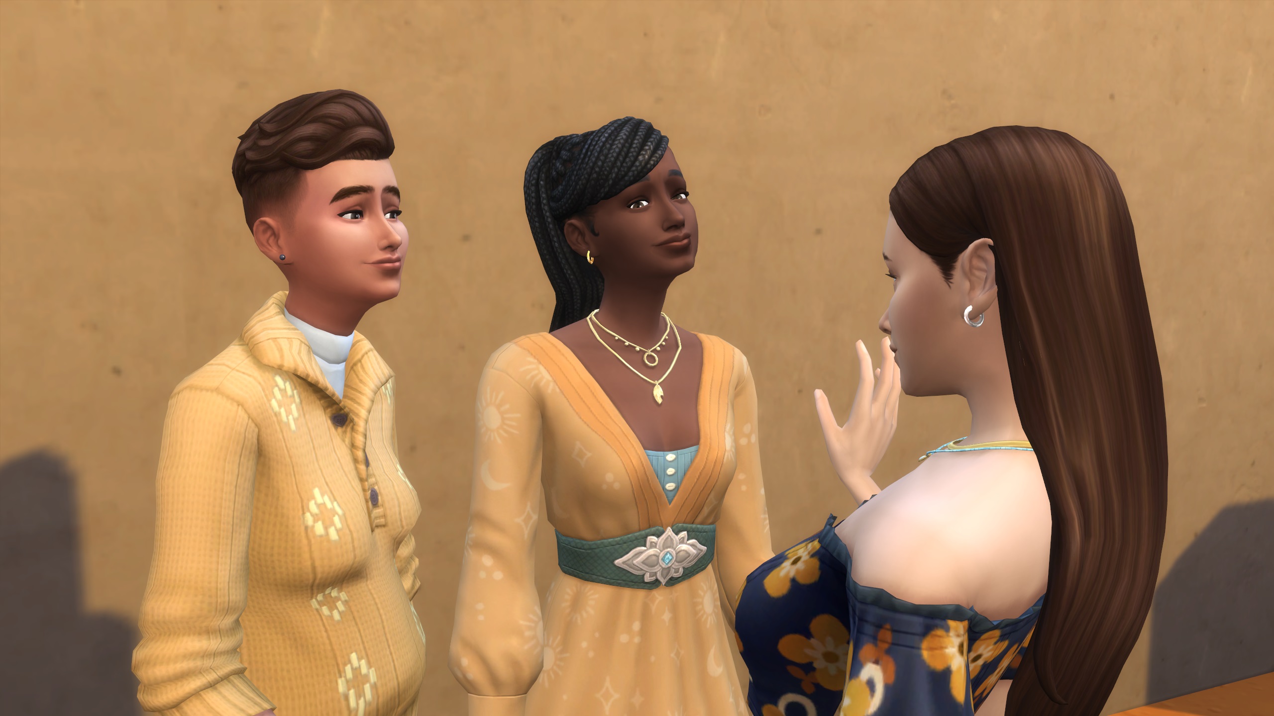 The Sims 4 - three Sims talk together in a close conversation