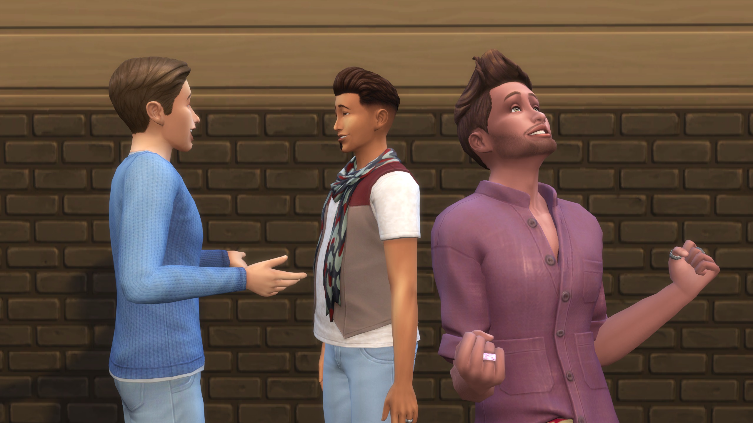 The Sims 4 - Two sims talk together in the background while another cheers with excitement in the front.