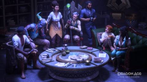 A diverse group of fantasy adventurers sit around a circular table together in this screenshot for Dragon Age: The Veilguard