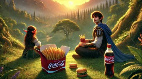 A girl sits with a man, both wearing medieval robes, and watches the sunset while eating a big box of fries and drinking a Coca Cola. Image created with ChatGPT.