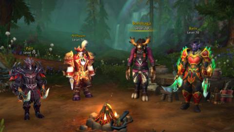 An image displaying a Warband in World of Warcraft: Dragonflight - several adventurers stand ready for action in front of a campfire.