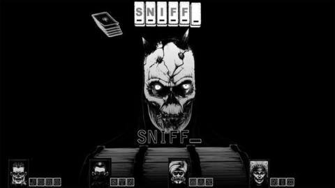 A skull with horns, with the word “Sniff” written above its head